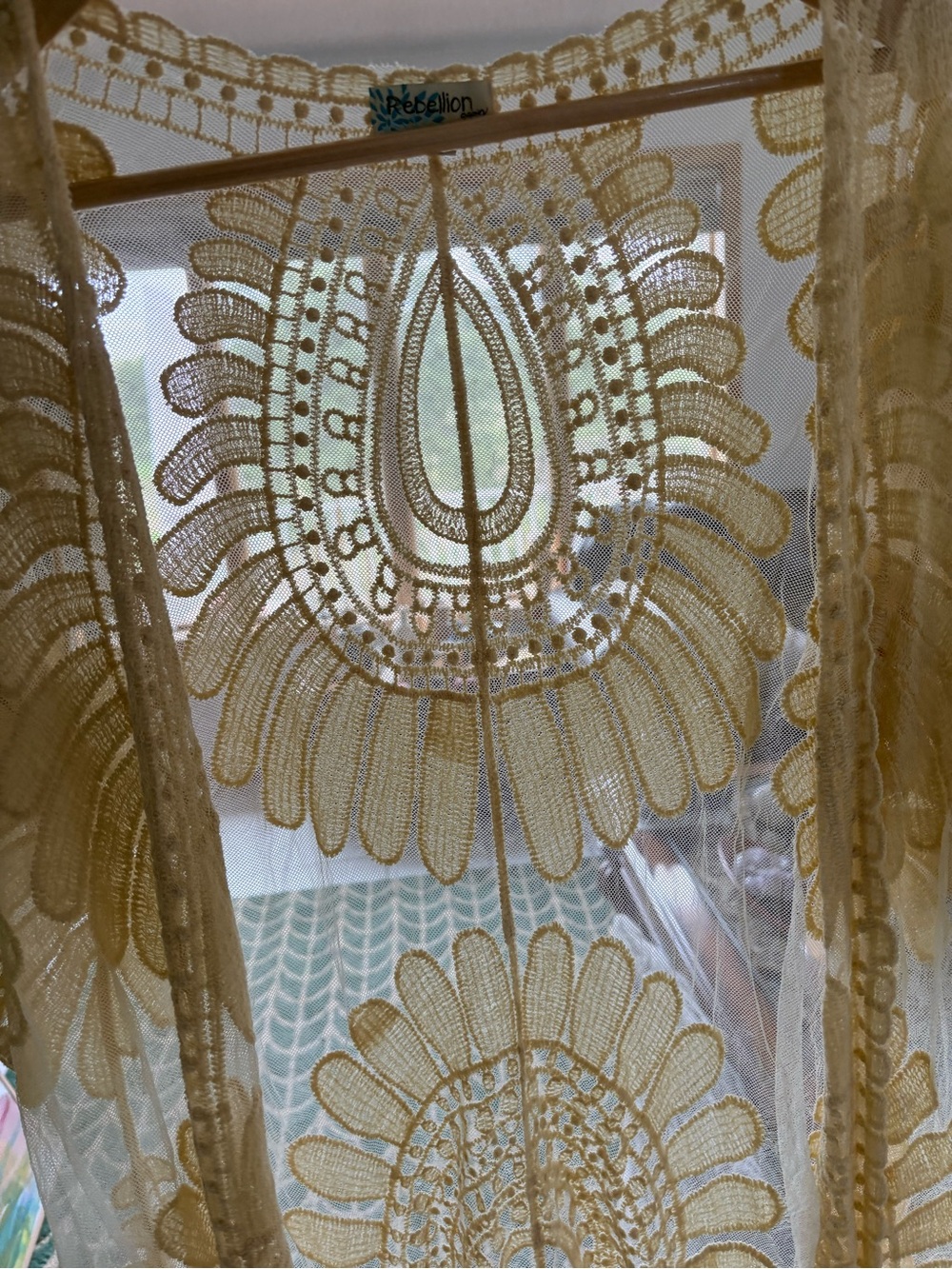 REBELLION AGAIN Sm Sheer Embroidery Yellow Kimono Mesh 43” L Boho Festival Beach - Picture 8 of 11